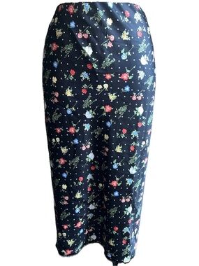 Mi Ami Francesca’s Black Floral Ditsy Print Satin Midi Skirt, Size Small